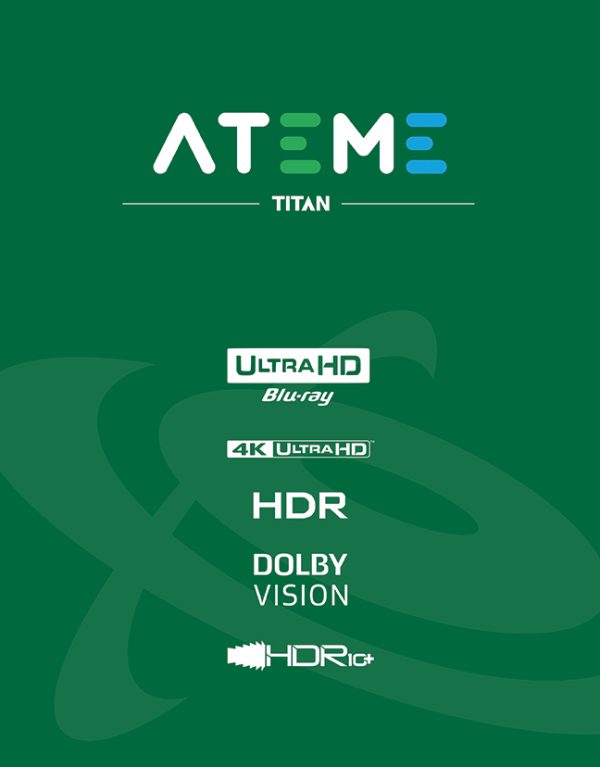 ATEME TITAN product artwork with Ultra HD Blu-ray, 4K Ultra HD, HDR, Dolby Vision, and HDR10+ marks